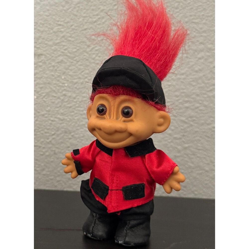 Vintage RUSS Troll Doll Red Hair Black Cap Red Jacket Black Pants 5-6" China